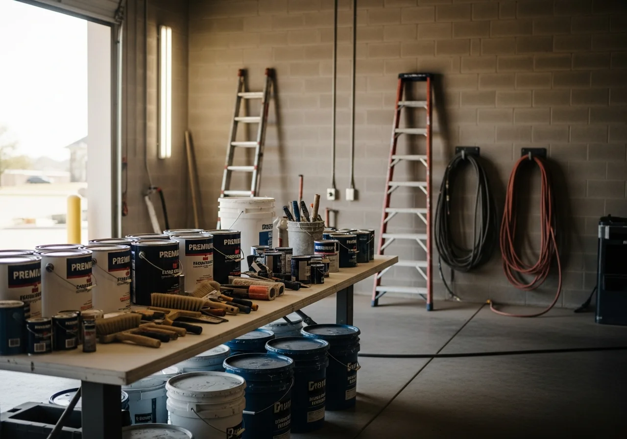 Exterior painting and coating work in progress, showing professional equipment and preparation for residential or commercial application.