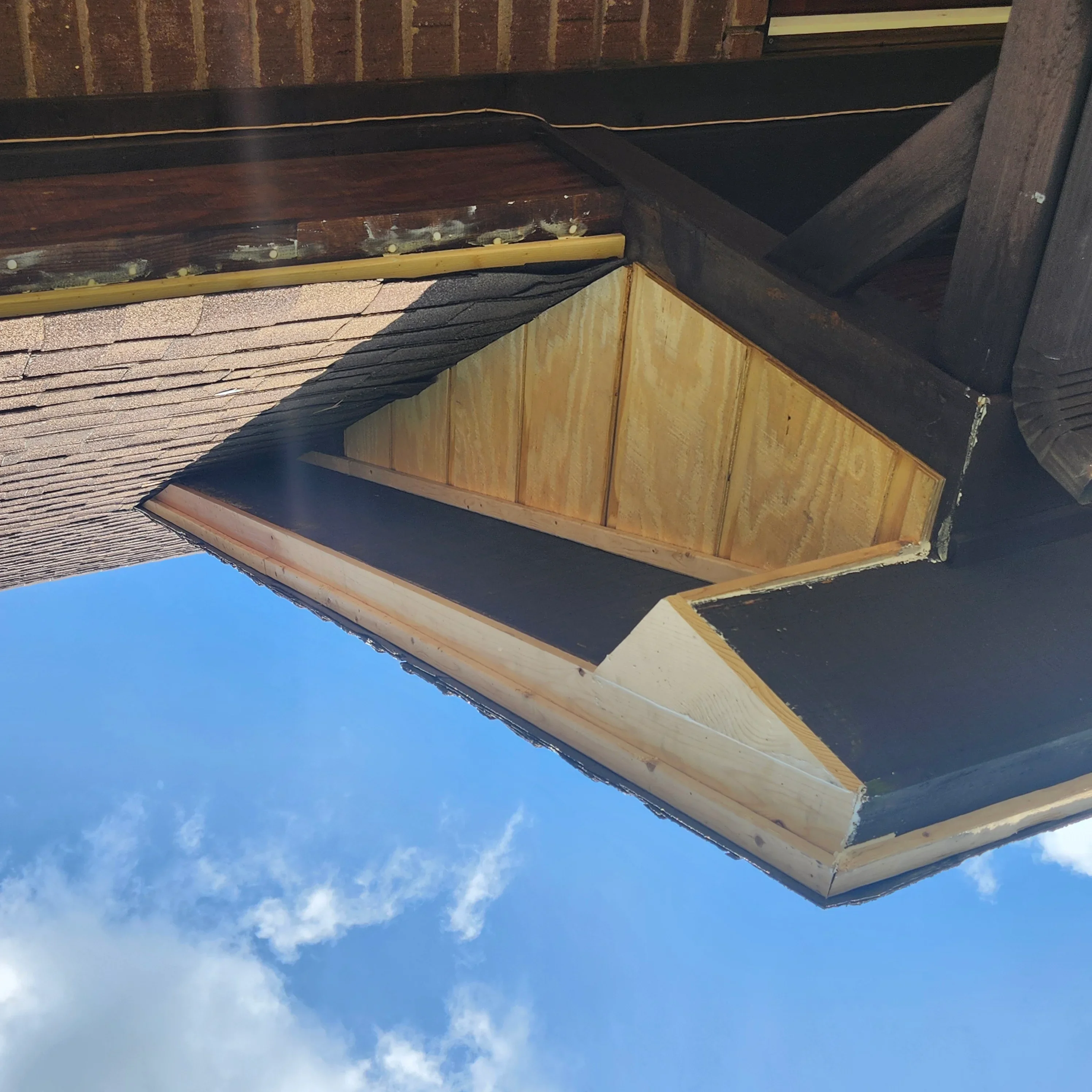 Painted wood soffit and fascia trim with protective coating on residential exterior