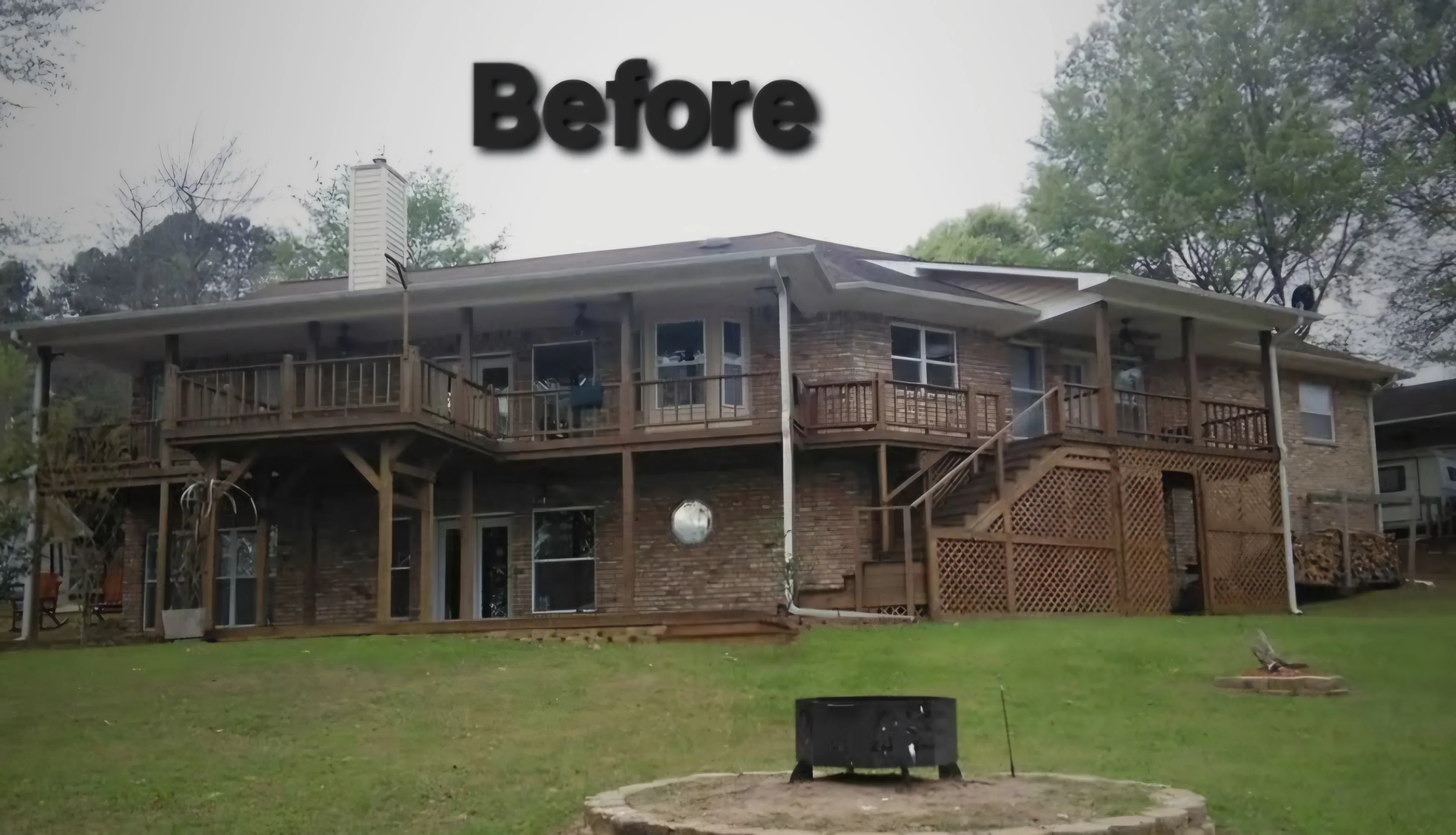 Brick home with freshly painted wooden decks, railings, and exterior trim work