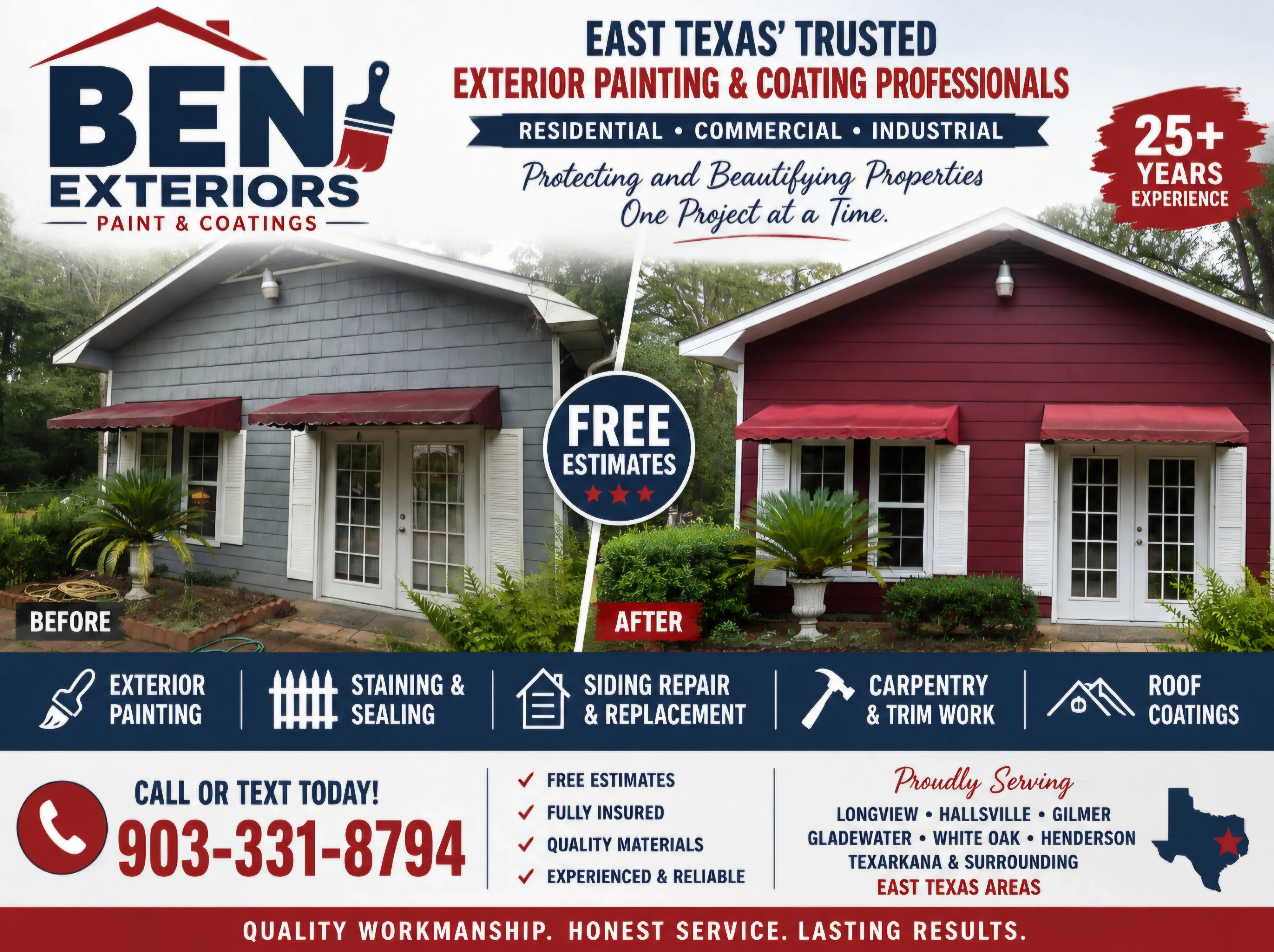 Before and after exterior house painting: gray siding to burgundy with white trim and red awnings
