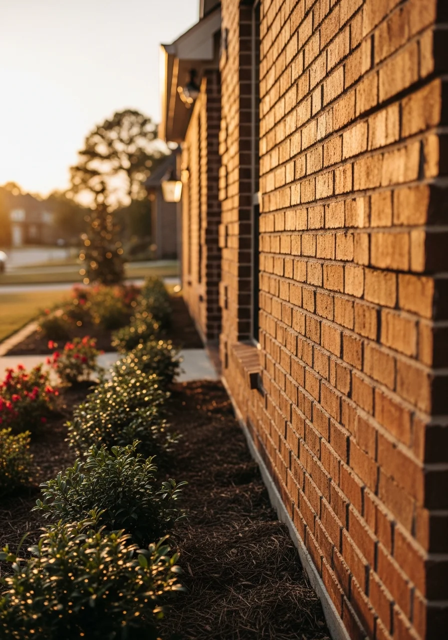 Close-up view of a well-maintained Longview home exterior with brick facade and landscaping typical of Gregg County properties.