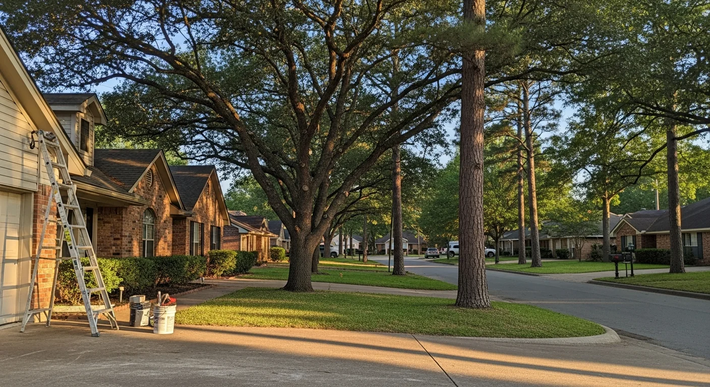 Longview, Texas street scene with established residential homes and mature trees along a quiet neighborhood street.