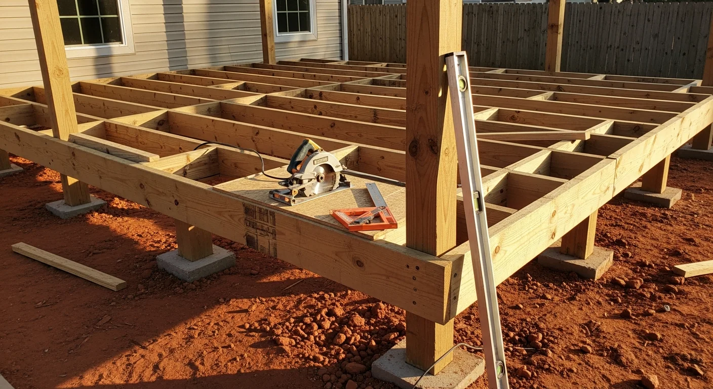 A newly built wood deck attached to the back of a single-family home in Longview, Texas, with a covered porch section and wood railing visible against a green backyard. The structure shows clean framing and level decking boards suited to an East Texas residential property.