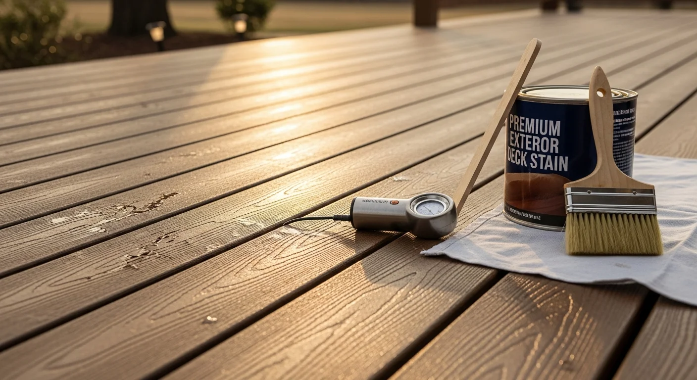 A freshly stained wood deck on a residential home in Longview, Texas, showing even color coverage and clean board edges. The deck surface shows no peeling or gray weathering, with surrounding East Texas tree cover visible in the background.