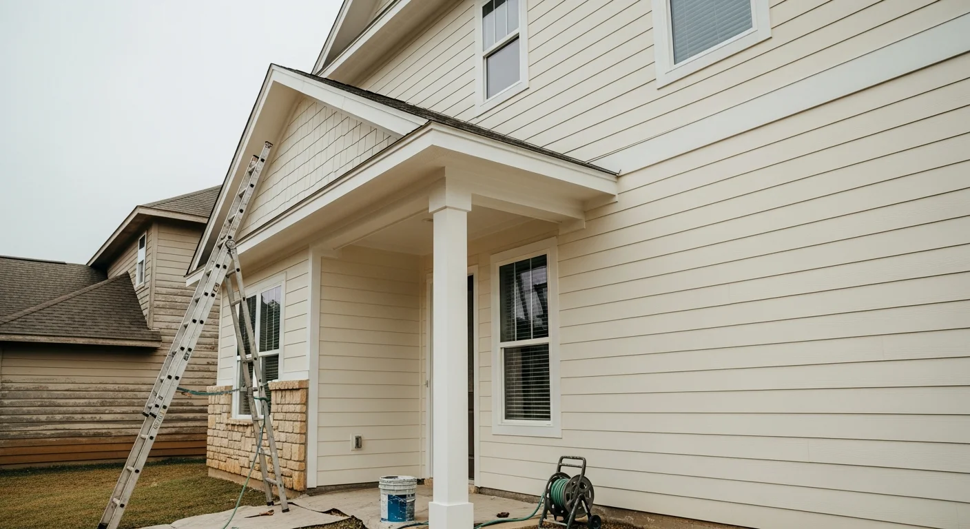 A freshly painted single-family home exterior in Longview, Texas 75605, showing clean siding, painted trim, and a uniform topcoat applied by Ben Exterior, Paint and Coatings. The image shows the completed result on a residential street in the East Texas Piney Woods area.