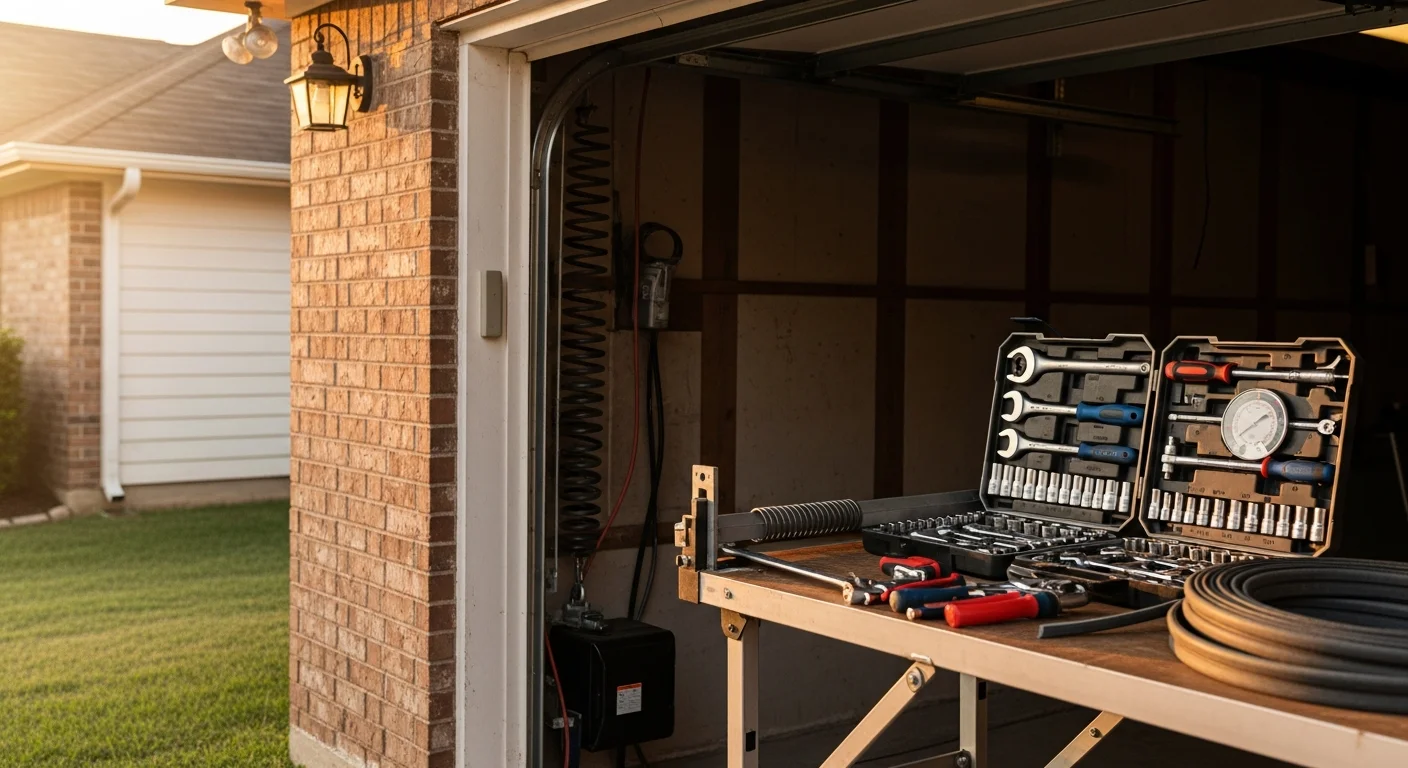 A residential garage door on a single-family home in the 75605 area of Longview, TX, showing a freshly serviced door with aligned tracks and intact panels. A technician from Ben Exterior, Paint and Coatings inspects the spring hardware on the interior side of the door.