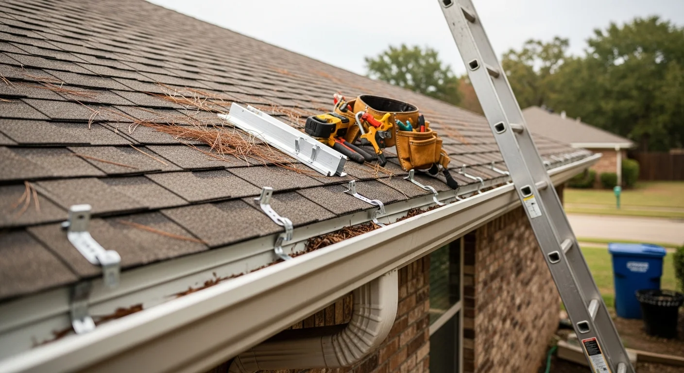 Newly installed gutters on a single-family home in Longview, Texas, with downspouts directing water away from the foundation. Close view shows clean aluminum runs secured to painted fascia boards along a residential roofline.