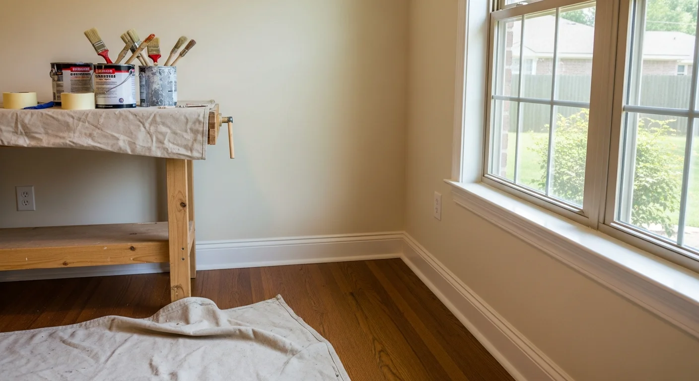 A freshly painted interior living room in a Longview, Texas home showing smooth, even wall coverage in a neutral color with clean trim lines. The room has protected hardwood floors and natural light coming through the windows.