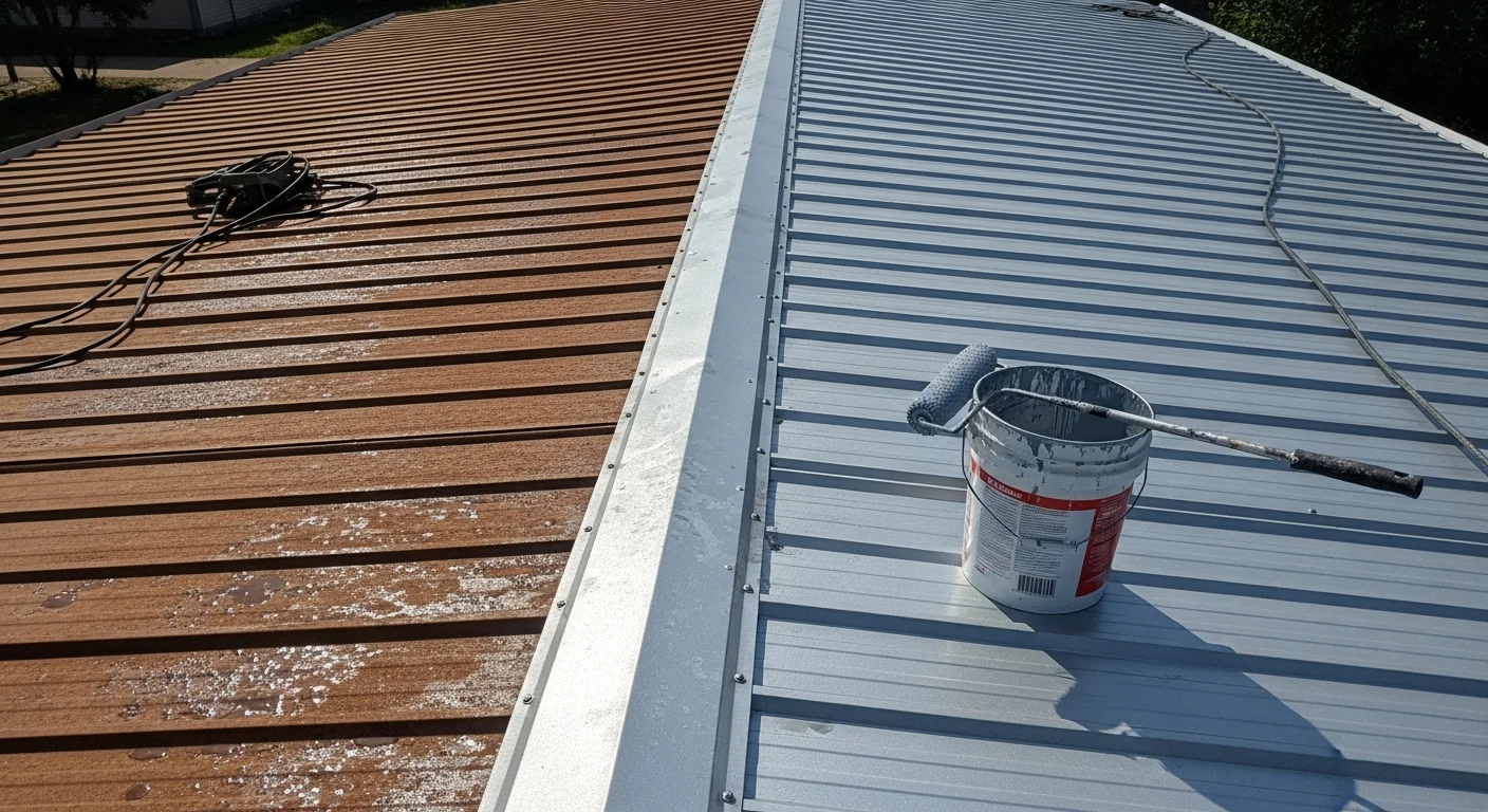 A freshly coated white mobile home roof in Longview, Texas, with a uniform reflective surface covering the full low-slope metal roof. The surrounding East Texas tree line is visible in the background under a clear summer sky.