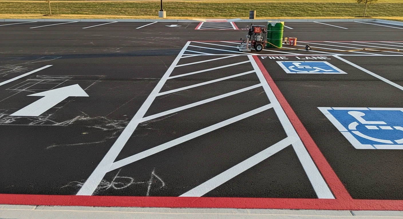 Freshly striped commercial parking lot in Longview, Texas with bright white stall lines, a marked fire lane, and ADA-compliant accessible spaces visible on dark asphalt. Overhead view shows clean, evenly spaced lines across a full commercial lot surface.