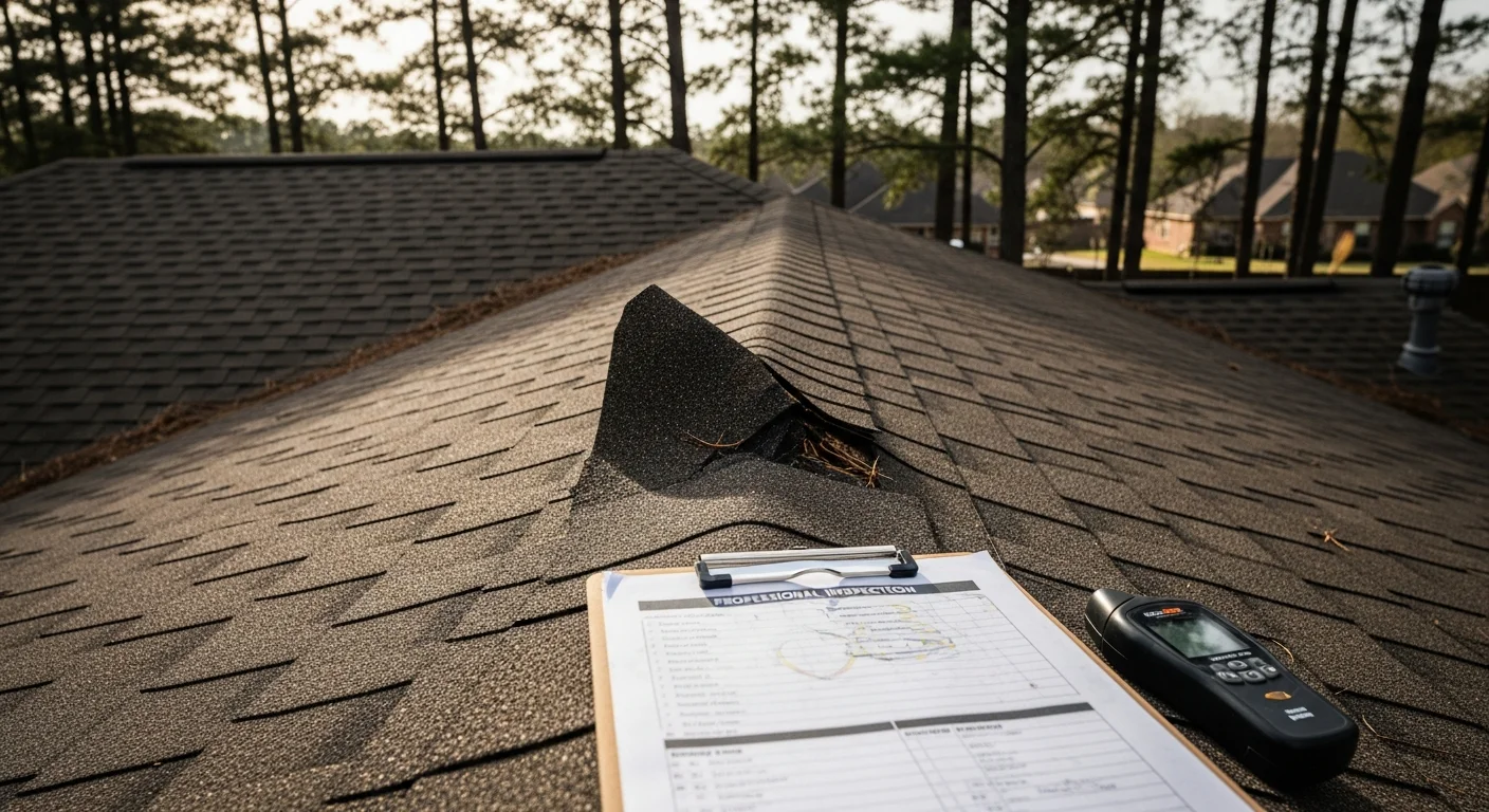 A roofing contractor inspecting shingles and flashing on a residential home in Longview, Texas. Close-up view of the roof surface showing the inspection process on a single-family home in the 75605 area.