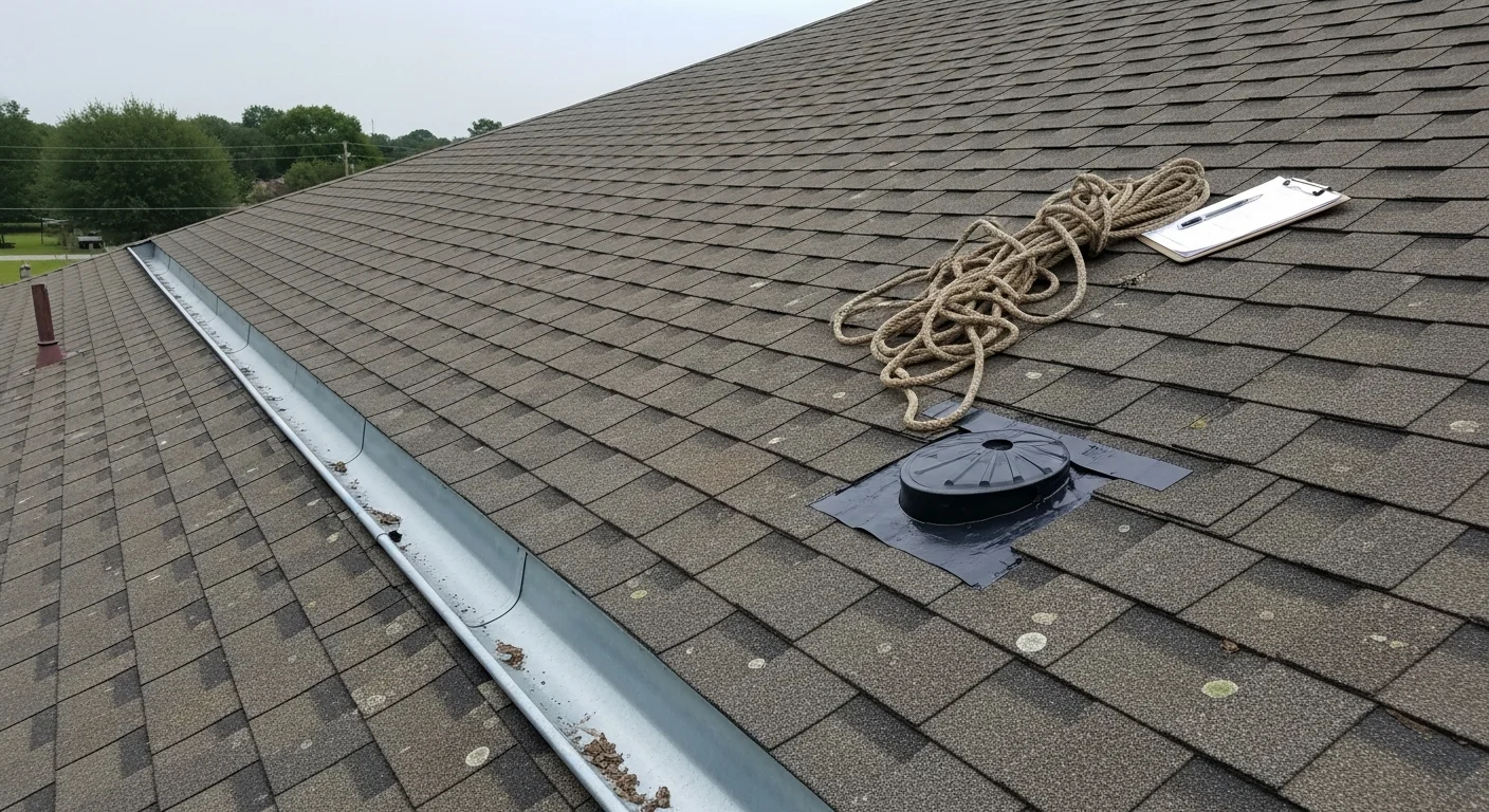 A roofing contractor inspecting shingles and flashing on a single-family home in Longview, TX during a roof maintenance visit. Close-up view shows hands checking a roof edge with a residential neighborhood visible in the background.