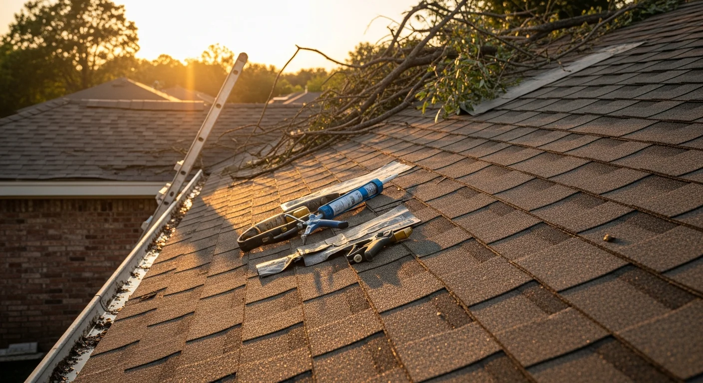 A residential roof in Longview, Texas showing repaired shingles and sealed flashing along the ridge line. The home sits in a wooded East Texas neighborhood typical of the 75605 zip code.