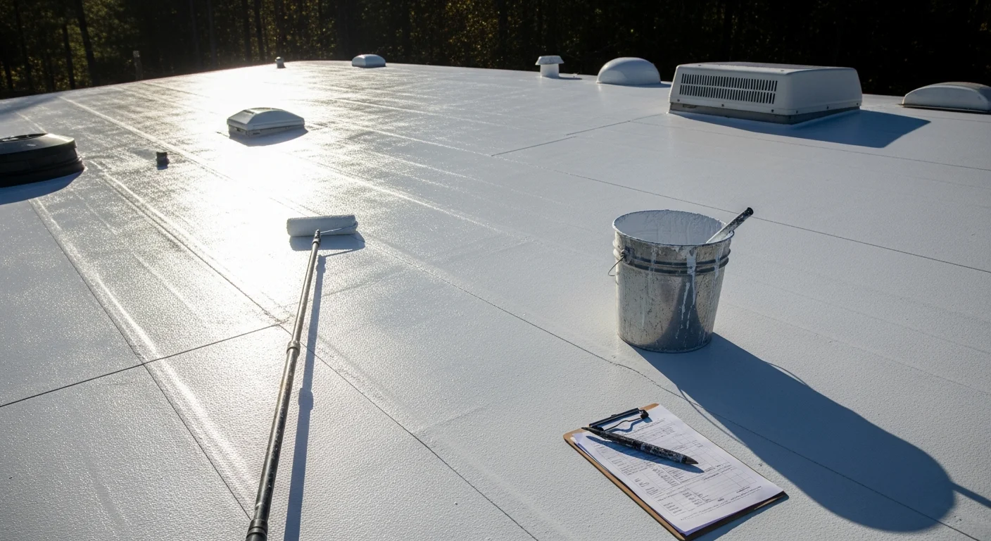 A freshly coated RV roof on a travel trailer parked in Longview, Texas, showing a smooth, sealed surface with no visible cracks or seam gaps. The coating covers the full roof field and wraps around the AC unit base and vent flanges.