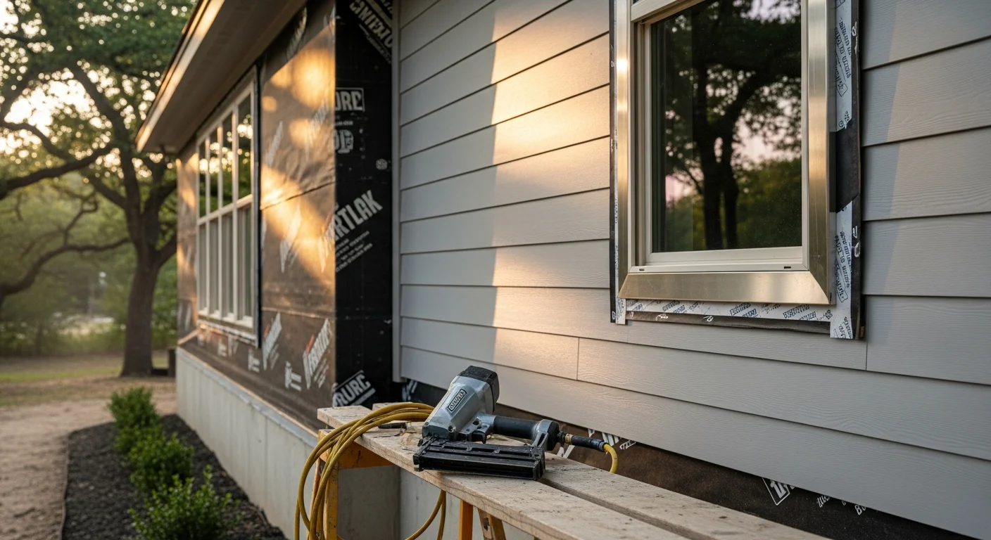 Freshly installed exterior siding on a single-family home in Longview, Texas, with clean panel lines and updated trim visible along the front facade. The completed installation shows tight seams and proper flashing detail around windows, typical of a full siding replacement in the Gregg County area.