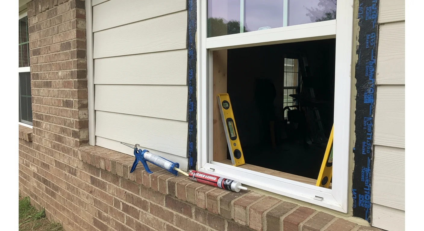 Freshly installed replacement window on a single-family home exterior in Longview, Texas, with clean trim and sealed surround visible against painted siding. Close view shows tight frame fit and finished caulk line on the exterior wall.